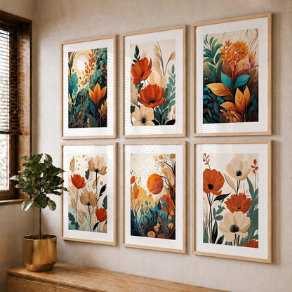 Floral Art Framed Posters for Home Living Room Bedroom and Office Wall Decor Set of 6