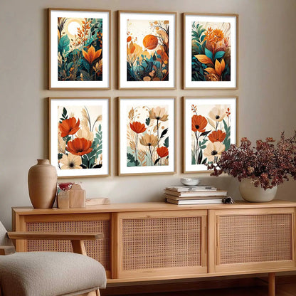 Floral Art Framed Posters for Home Living Room Bedroom and Office Wall Decor Set of 6