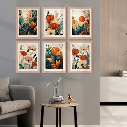 Floral Art Framed Posters for Home Living Room Bedroom and Office Wall Decor Set of 6