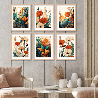 Floral Art Framed Posters for Home Living Room Bedroom and Office Wall Decor Set of 6