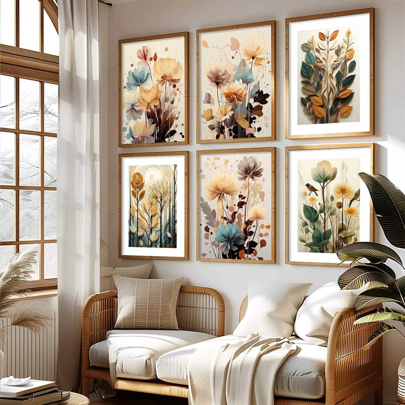 Floral Art Framed Posters for Home Living Room Bedroom and Office Wall Decor Set of 6