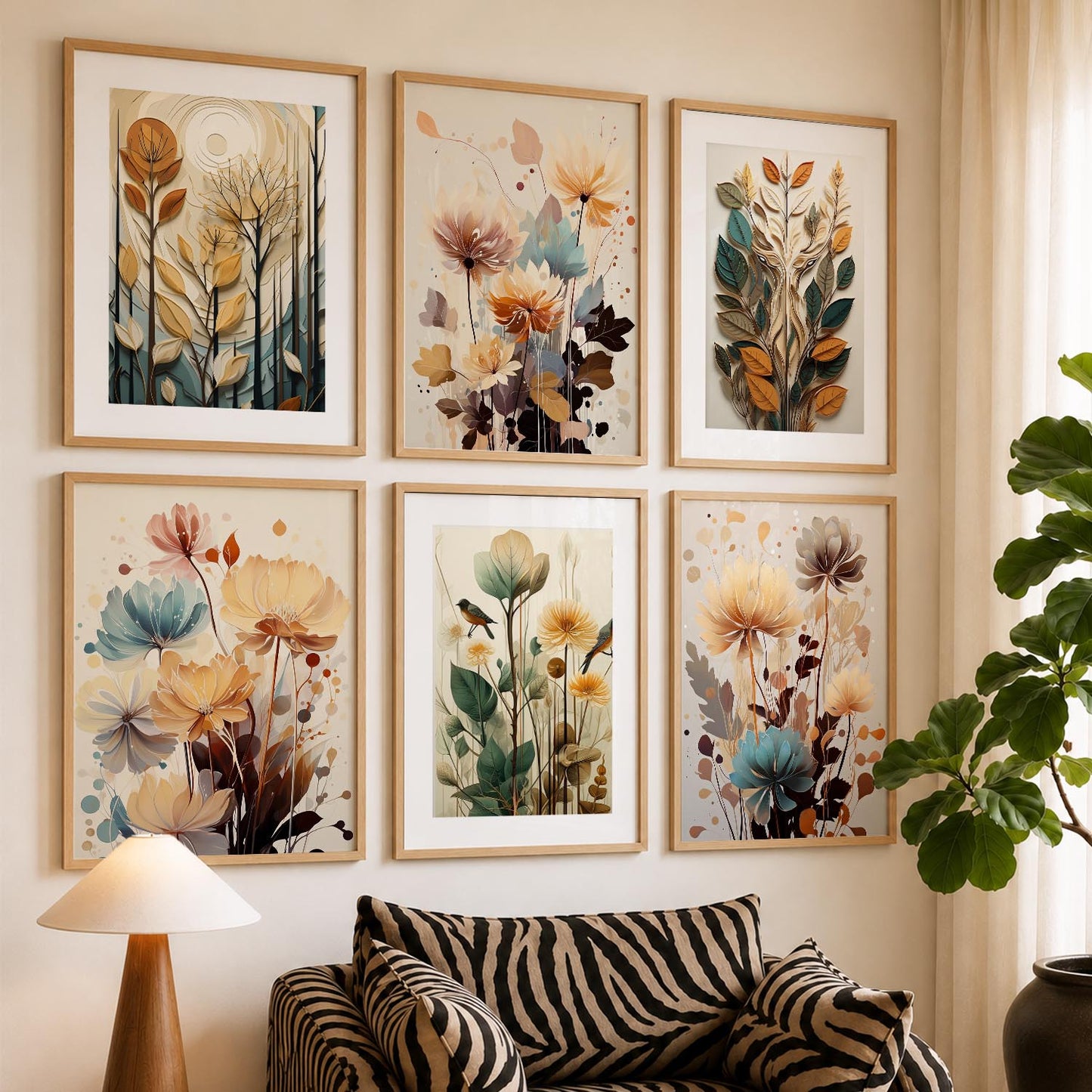 Floral Art Framed Posters for Home Living Room Bedroom and Office Wall Decor Set of 6