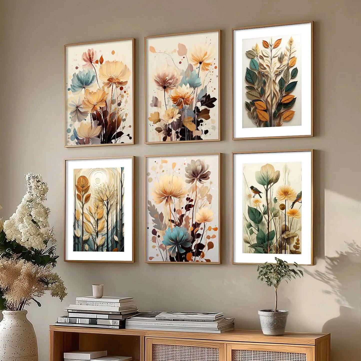 Floral Art Framed Posters for Home Living Room Bedroom and Office Wall Decor Set of 6