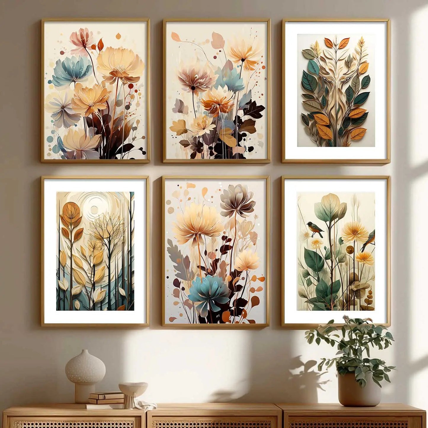 Floral Art Framed Posters for Home Living Room Bedroom and Office Wall Decor Set of 6