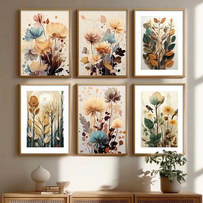 Floral Art Framed Posters for Home Living Room Bedroom and Office Wall Decor Set of 6