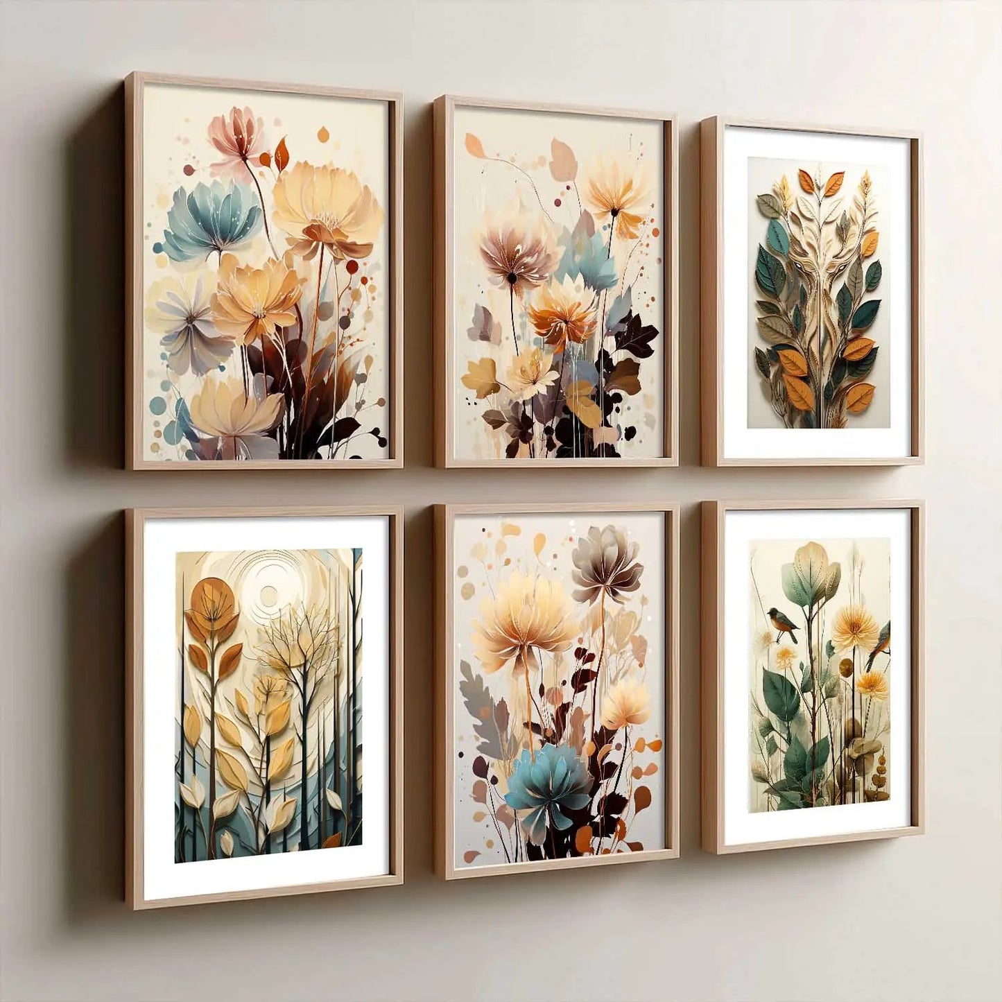 Floral Art Framed Posters for Home Living Room Bedroom and Office Wall Decor Set of 6