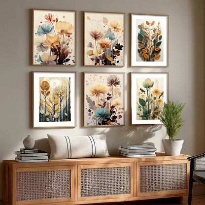 Floral Art Framed Posters for Home Living Room Bedroom and Office Wall Decor Set of 6
