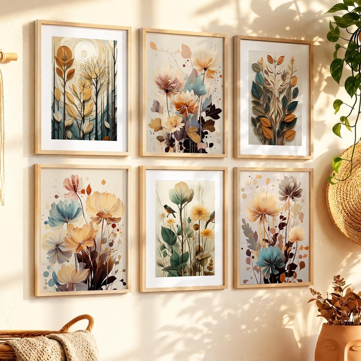 Floral Art Framed Posters for Home Living Room Bedroom and Office Wall Decor Set of 6