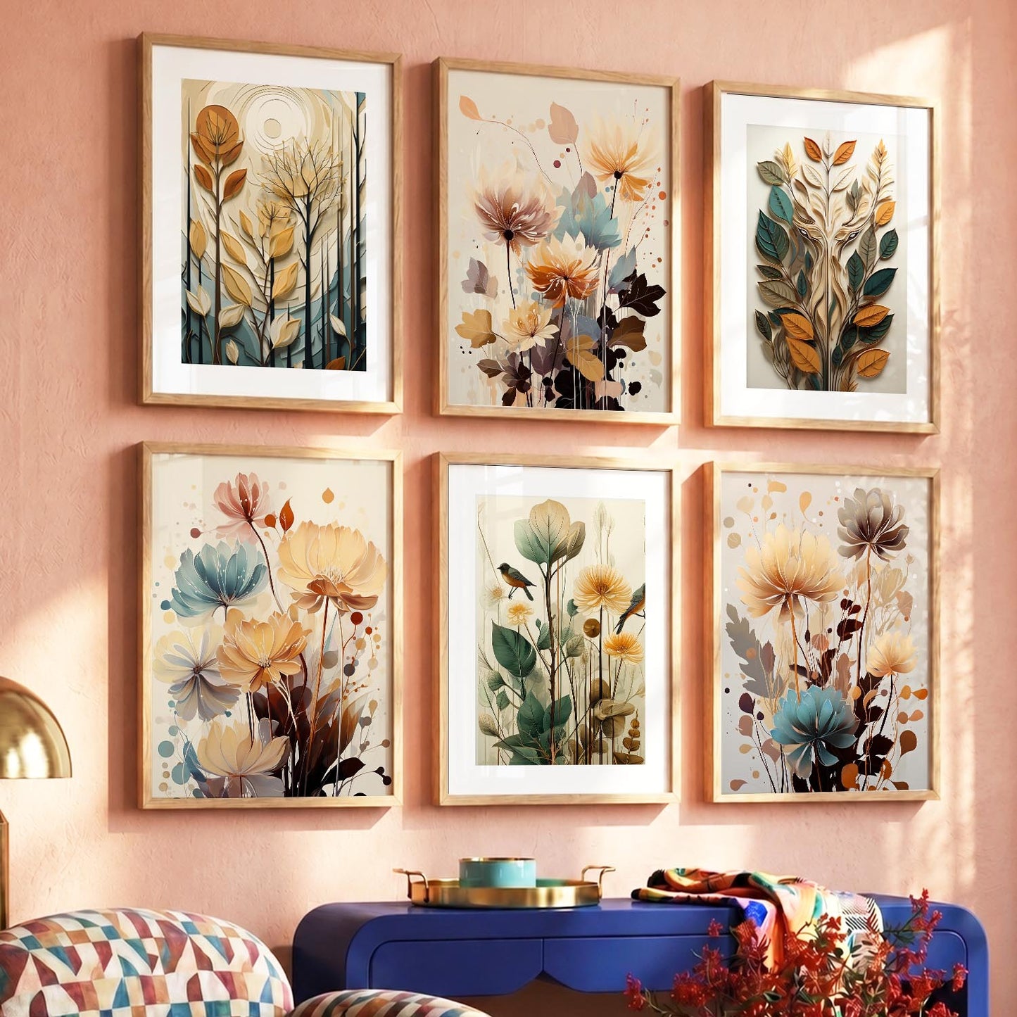 Floral Art Framed Posters for Home Living Room Bedroom and Office Wall Decor Set of 6