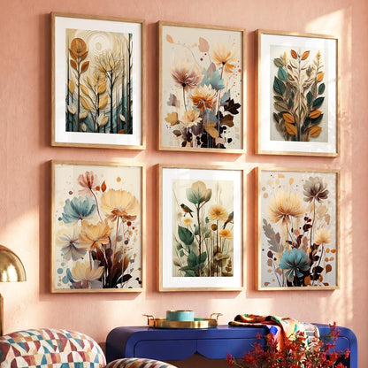 Floral Art Framed Posters for Home Living Room Bedroom and Office Wall Decor Set of 6