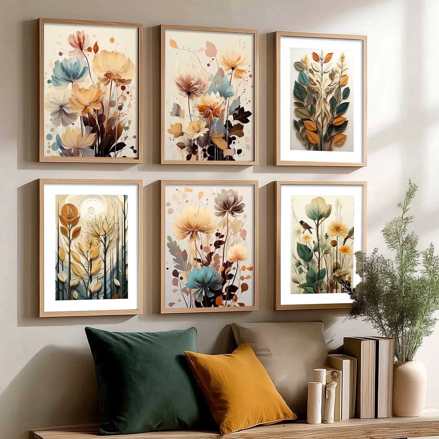 Floral Art Framed Posters for Home Living Room Bedroom and Office Wall Decor Set of 6