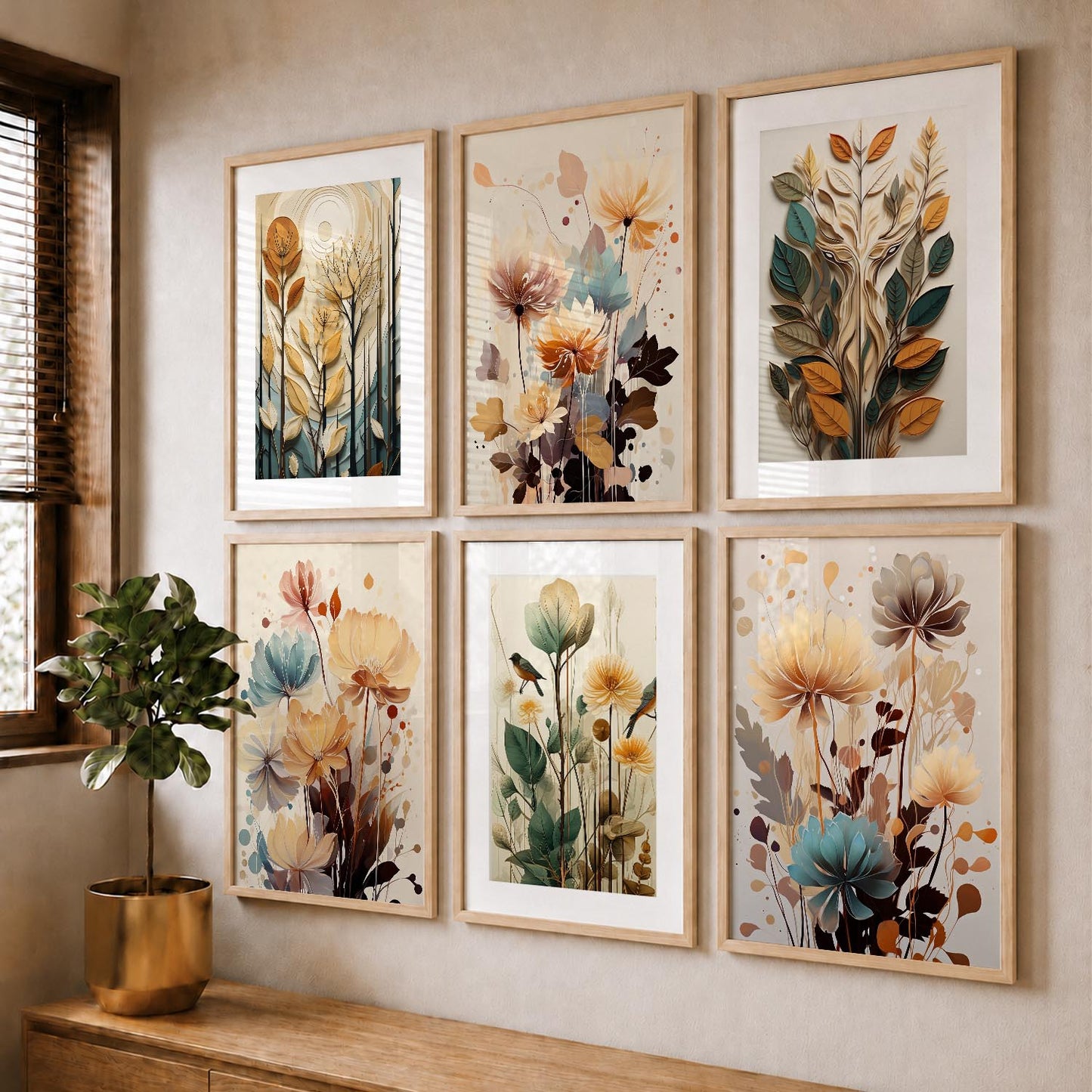 Floral Art Framed Posters for Home Living Room Bedroom and Office Wall Decor Set of 6