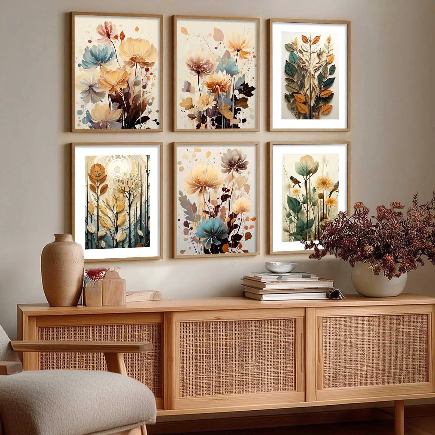 Floral Art Framed Posters for Home Living Room Bedroom and Office Wall Decor Set of 6