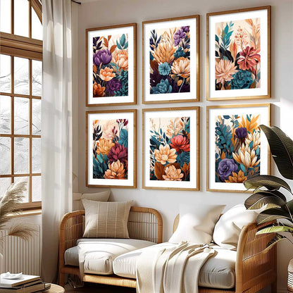 Floral Art Framed Posters for Home Living Room Bedroom and Office Wall Decor Set of 6