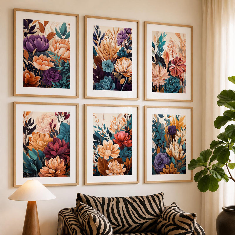 Floral Art Framed Posters for Home Living Room Bedroom and Office Wall Decor Set of 6