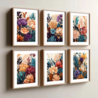 Floral Art Framed Posters for Home Living Room Bedroom and Office Wall Decor Set of 6