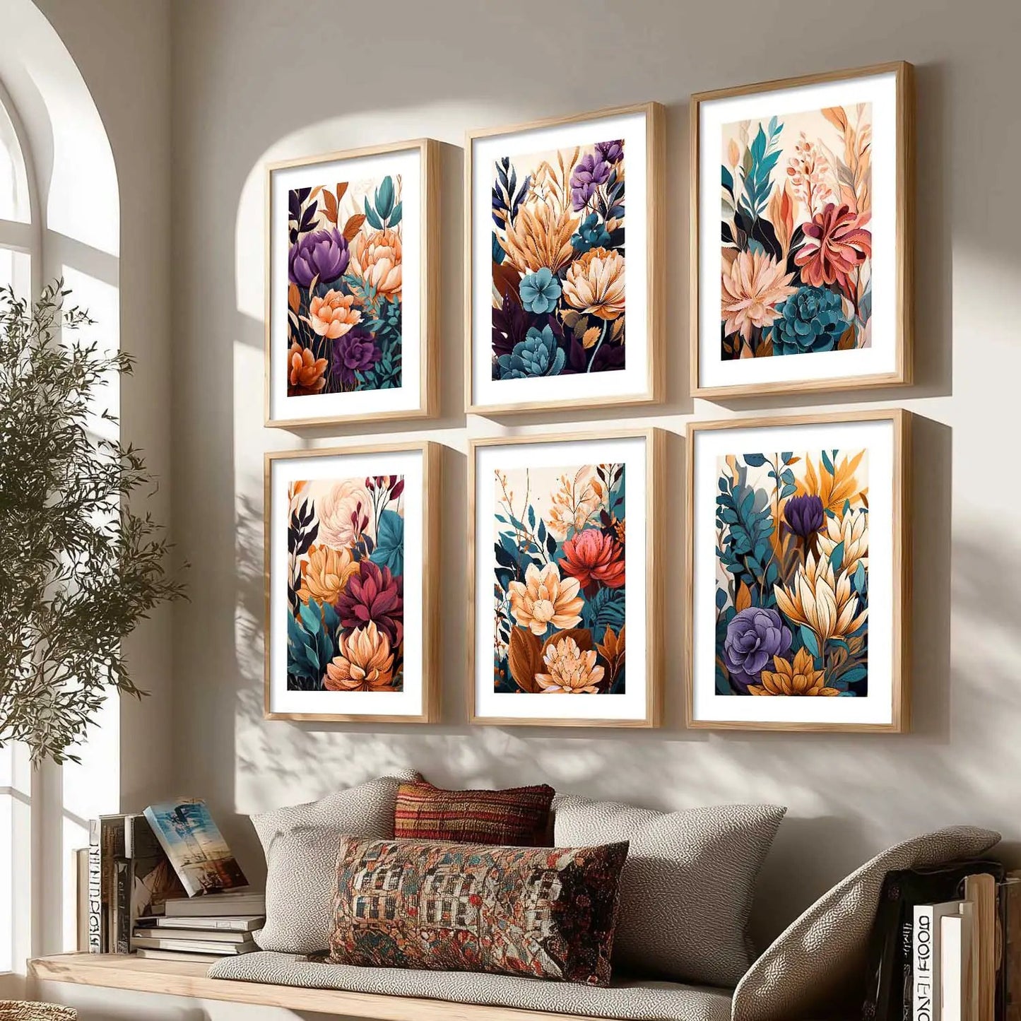 Floral Art Framed Posters for Home Living Room Bedroom and Office Wall Decor Set of 6