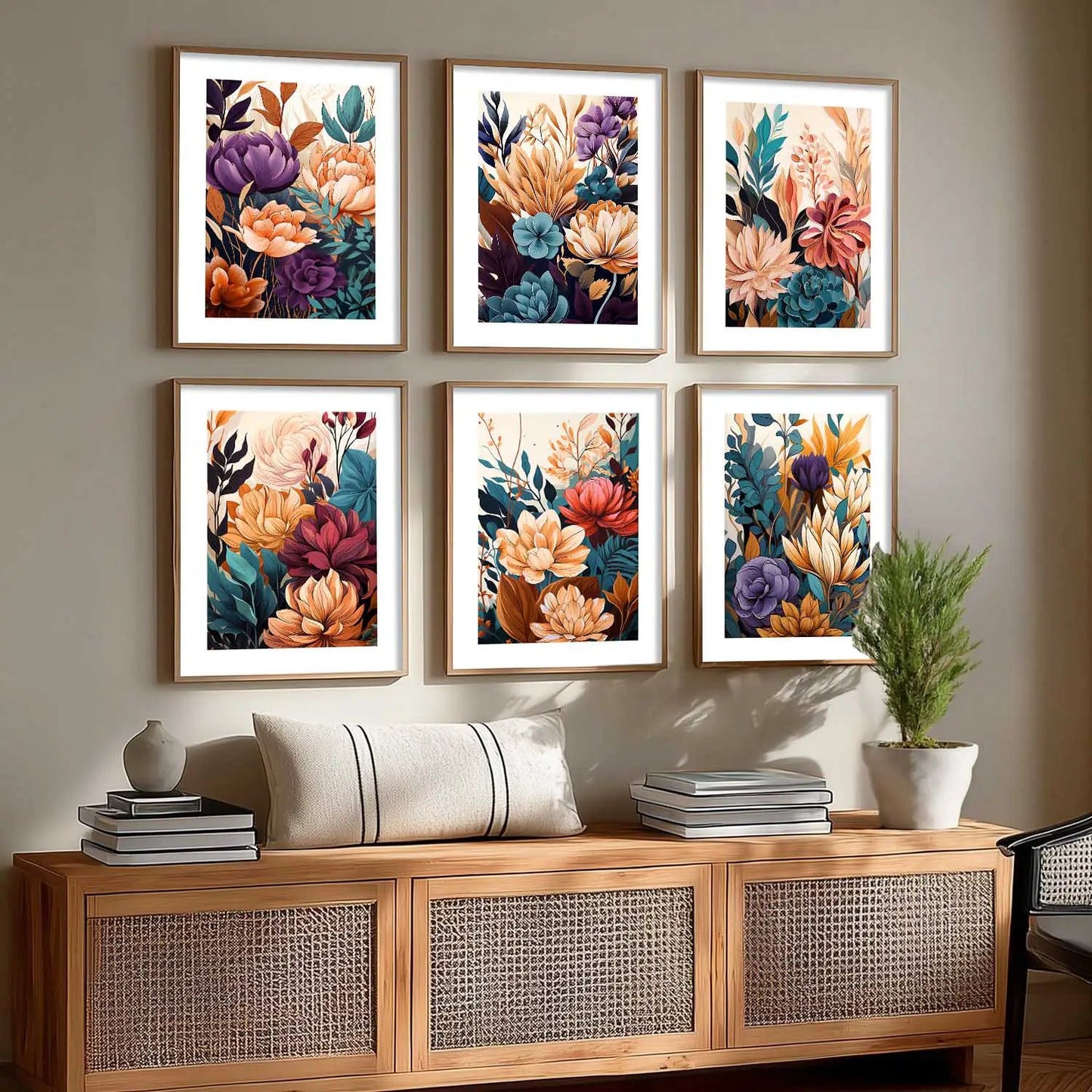 Floral Art Framed Posters for Home Living Room Bedroom and Office Wall Decor Set of 6