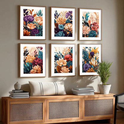 Floral Art Framed Posters for Home Living Room Bedroom and Office Wall Decor Set of 6