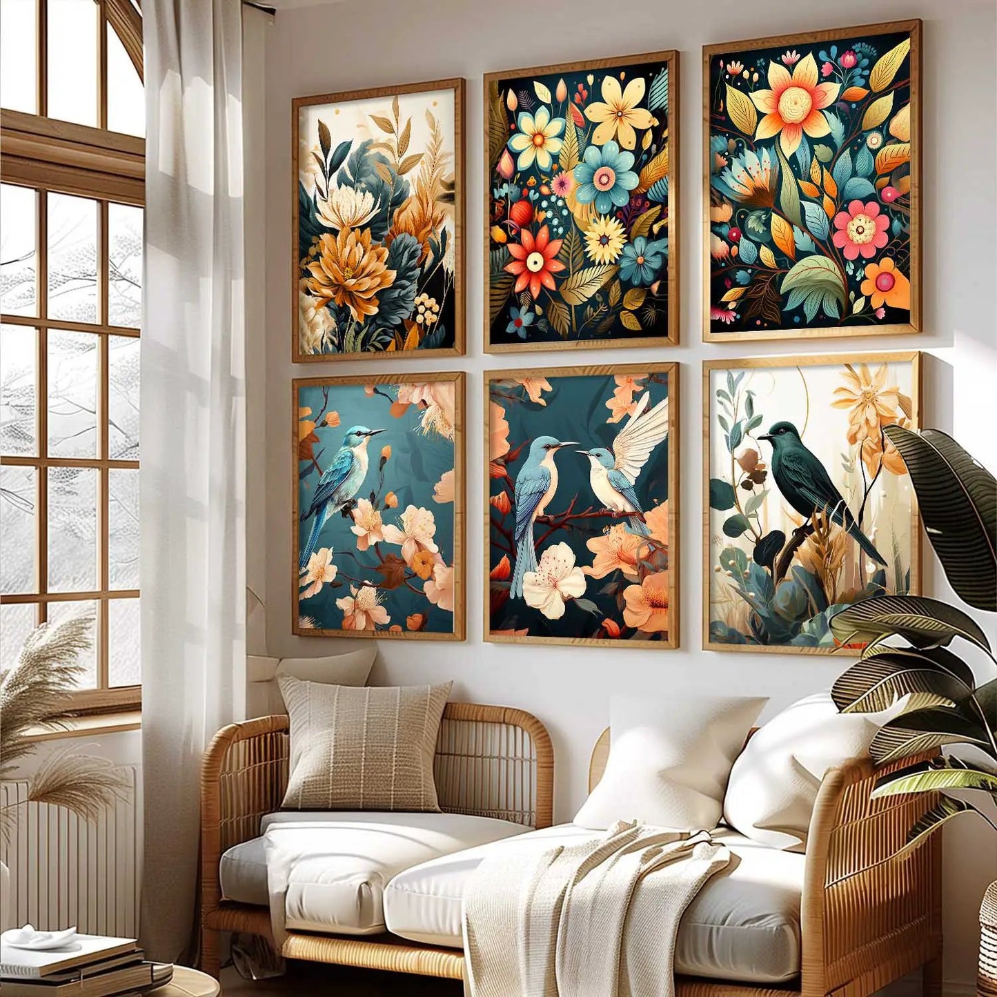 Floral Art Framed Posters for Home Living Room Bedroom and Office Wall Decor Set of 6