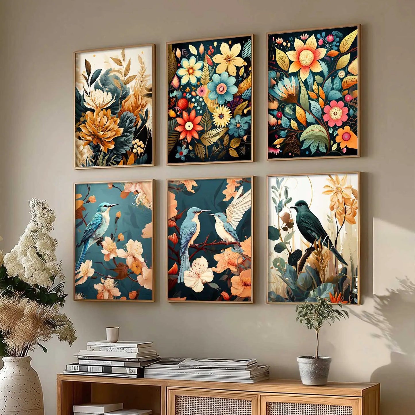 Floral Art Framed Posters for Home Living Room Bedroom and Office Wall Decor Set of 6