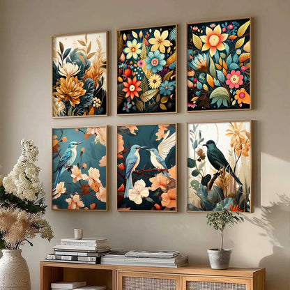 Floral Art Framed Posters for Home Living Room Bedroom and Office Wall Decor Set of 6