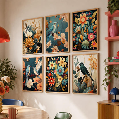 Floral Art Framed Posters for Home Living Room Bedroom and Office Wall Decor Set of 6