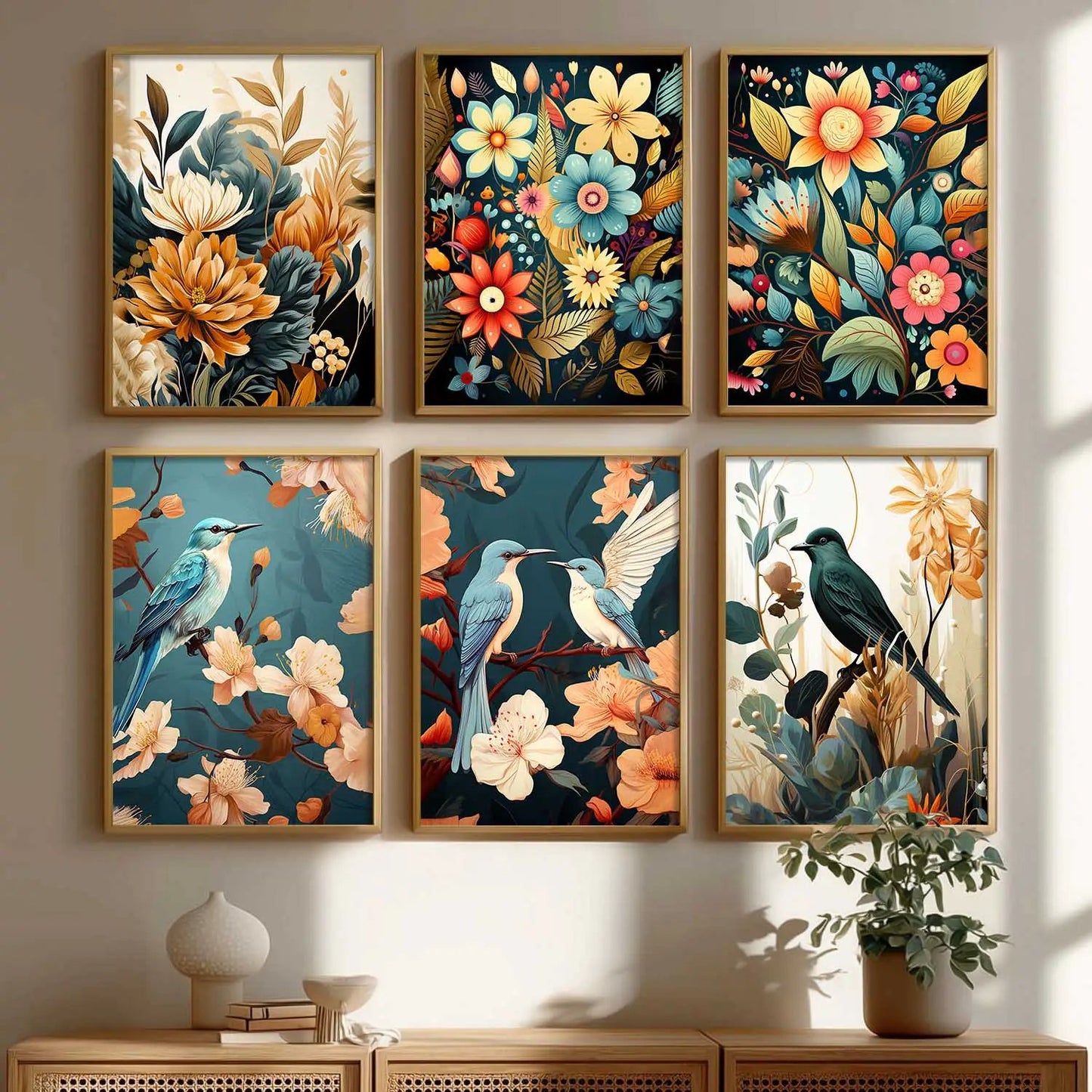 Floral Art Framed Posters for Home Living Room Bedroom and Office Wall Decor Set of 6