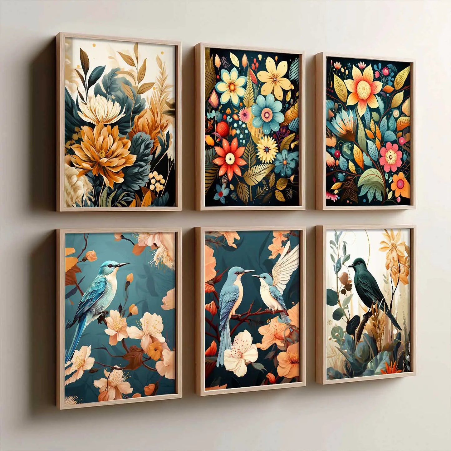 Floral Art Framed Posters for Home Living Room Bedroom and Office Wall Decor Set of 6