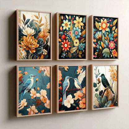 Floral Art Framed Posters for Home Living Room Bedroom and Office Wall Decor Set of 6
