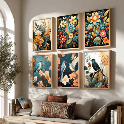 Floral Art Framed Posters for Home Living Room Bedroom and Office Wall Decor Set of 6