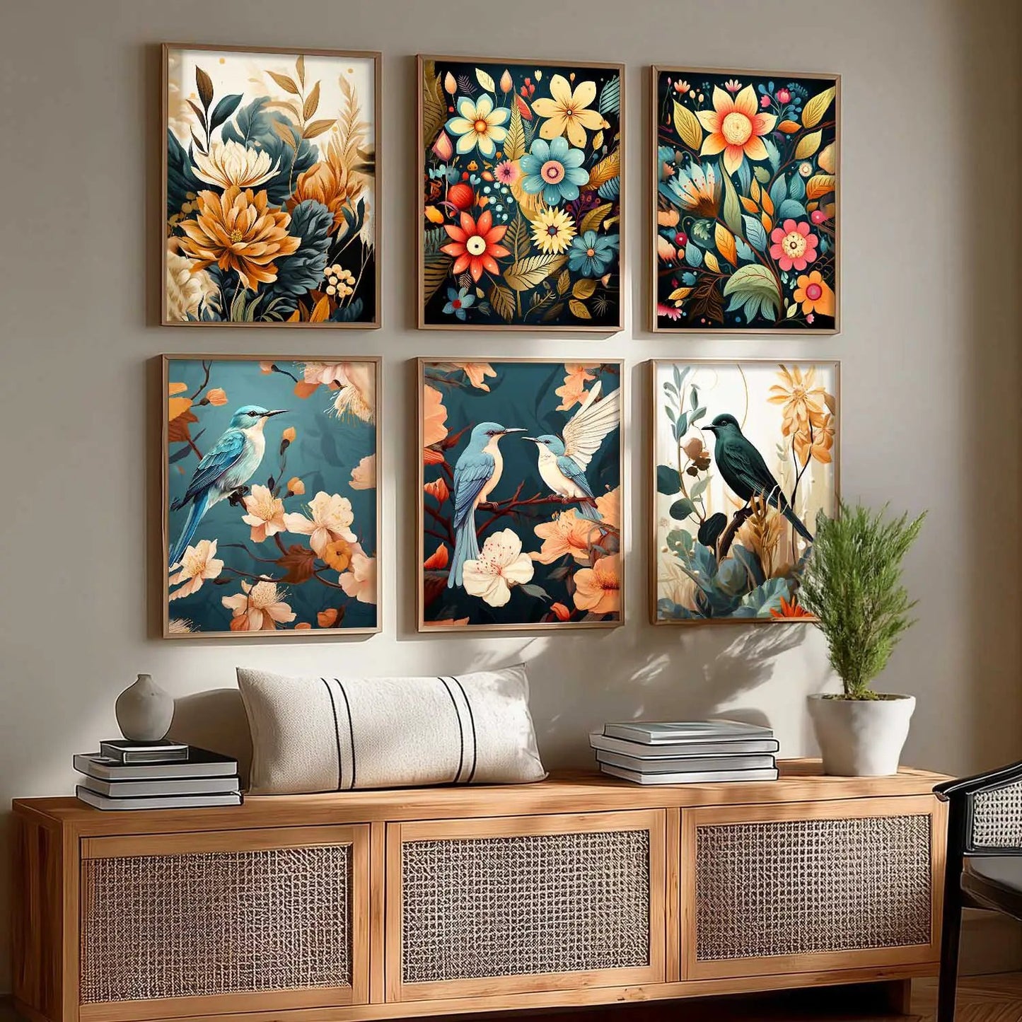 Floral Art Framed Posters for Home Living Room Bedroom and Office Wall Decor Set of 6
