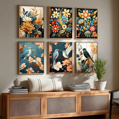 Floral Art Framed Posters for Home Living Room Bedroom and Office Wall Decor Set of 6
