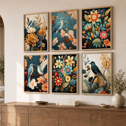 Floral Art Framed Posters for Home Living Room Bedroom and Office Wall Decor Set of 6