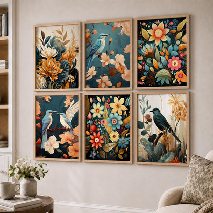 Floral Art Framed Posters for Home Living Room Bedroom and Office Wall Decor Set of 6
