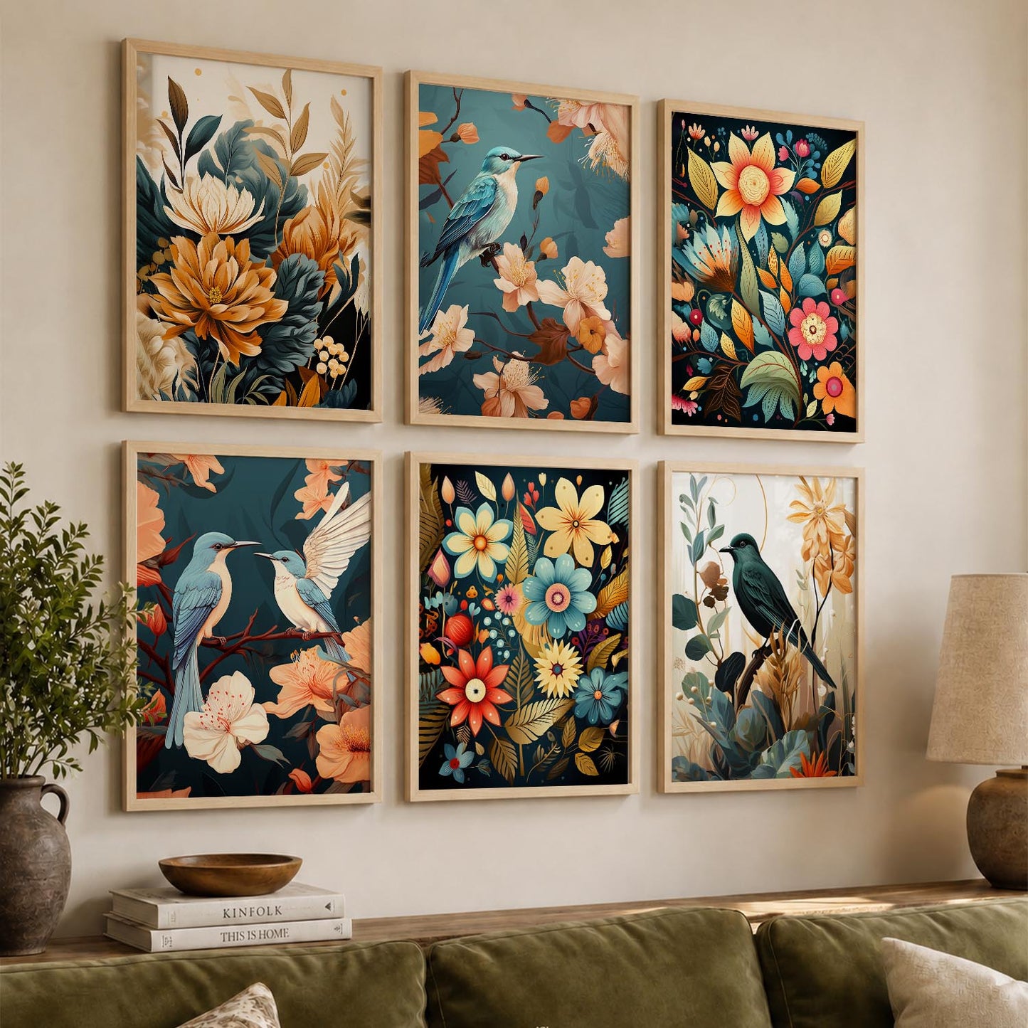 Floral Art Framed Posters for Home Living Room Bedroom and Office Wall Decor Set of 6