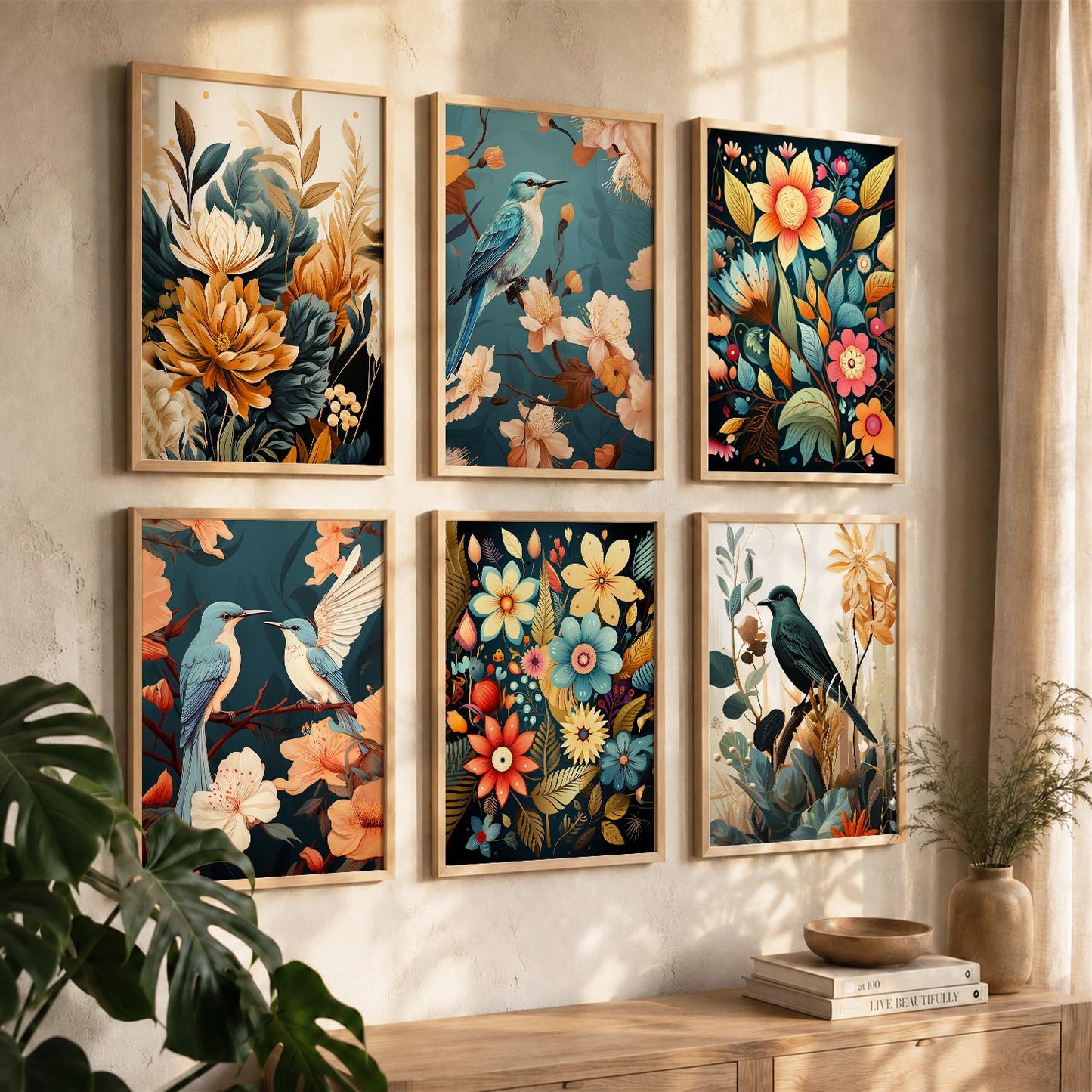 Floral Art Framed Posters for Home Living Room Bedroom and Office Wall Decor Set of 6
