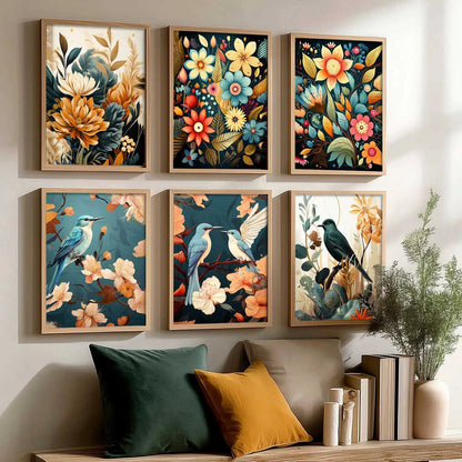 Floral Art Framed Posters for Home Living Room Bedroom and Office Wall Decor Set of 6