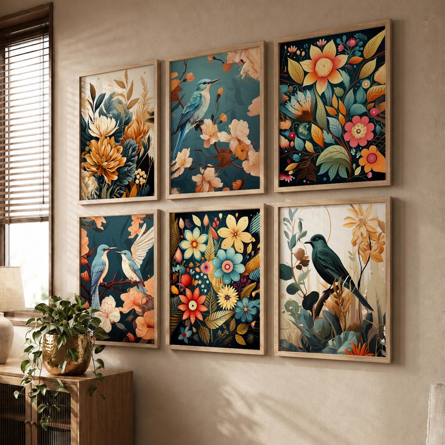 Floral Art Framed Posters for Home Living Room Bedroom and Office Wall Decor Set of 6
