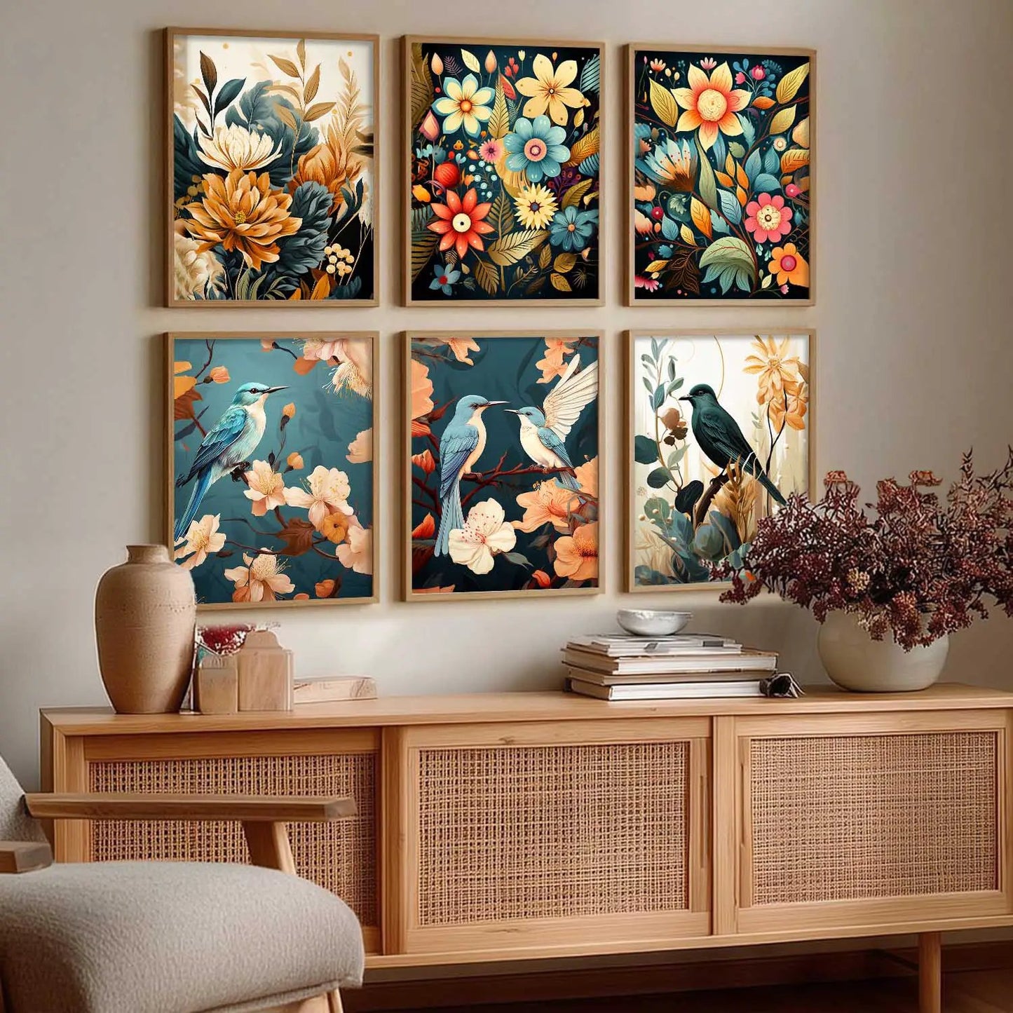 Floral Art Framed Posters for Home Living Room Bedroom and Office Wall Decor Set of 6