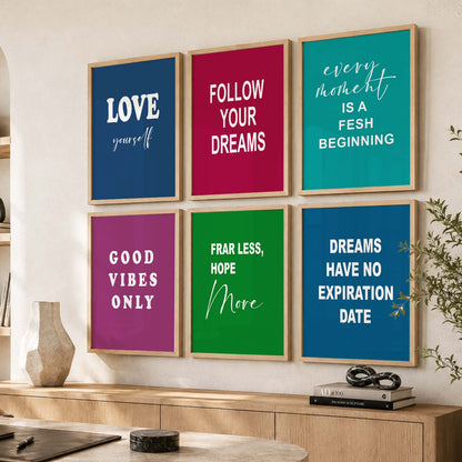 Color Block Motivational Quotes Wall Art Set of 6 Framed Prints for Living Room