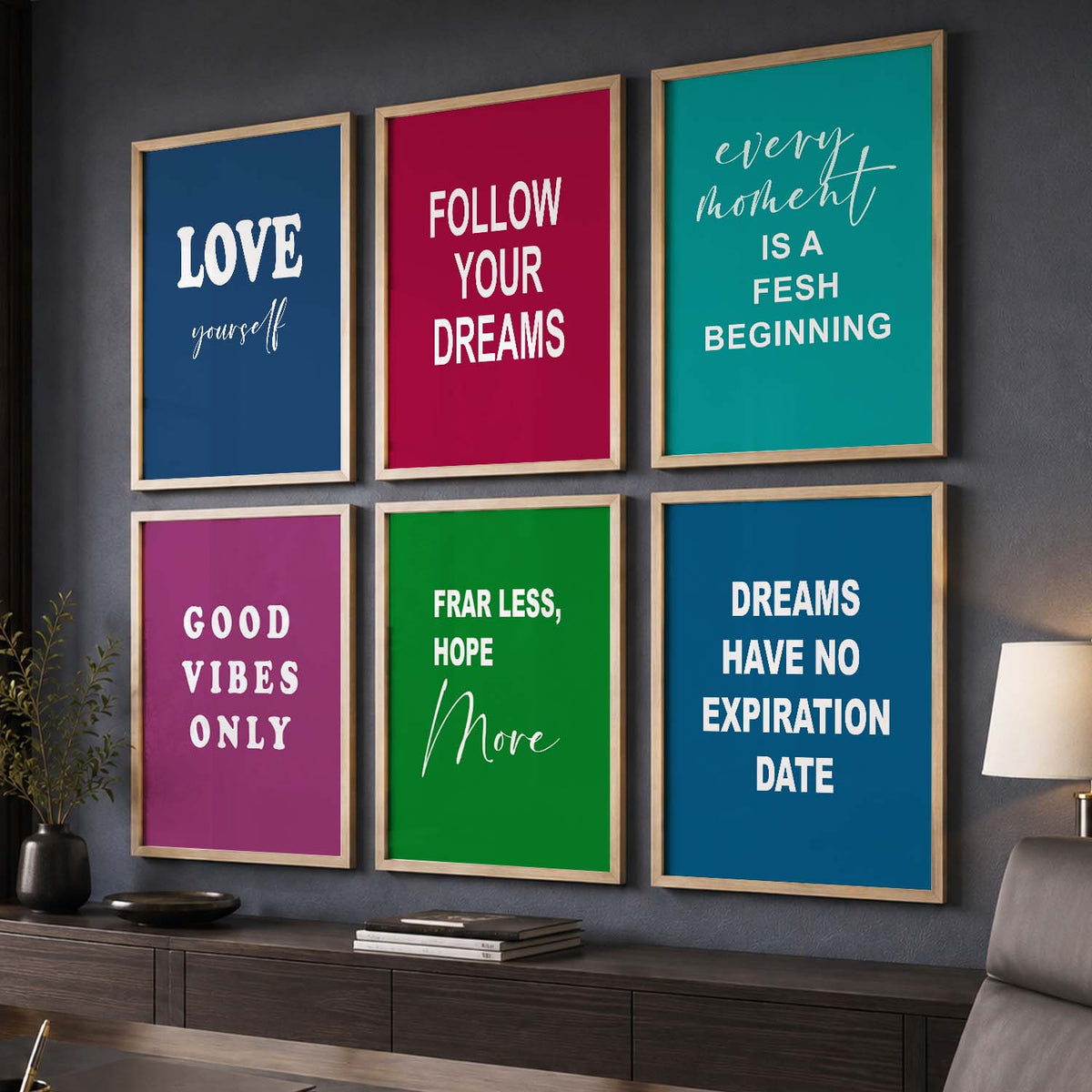 Color Block Motivational Quotes Wall Art Set of 6 Framed Prints for Living Room