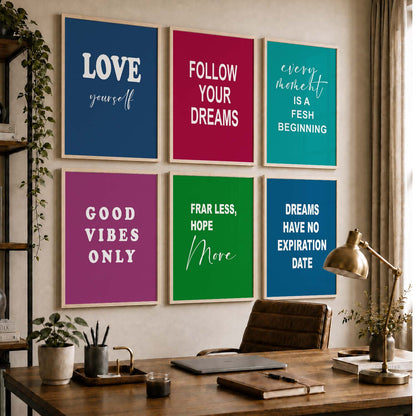 Color Block Motivational Quotes Wall Art Set of 6 Framed Prints for Living Room