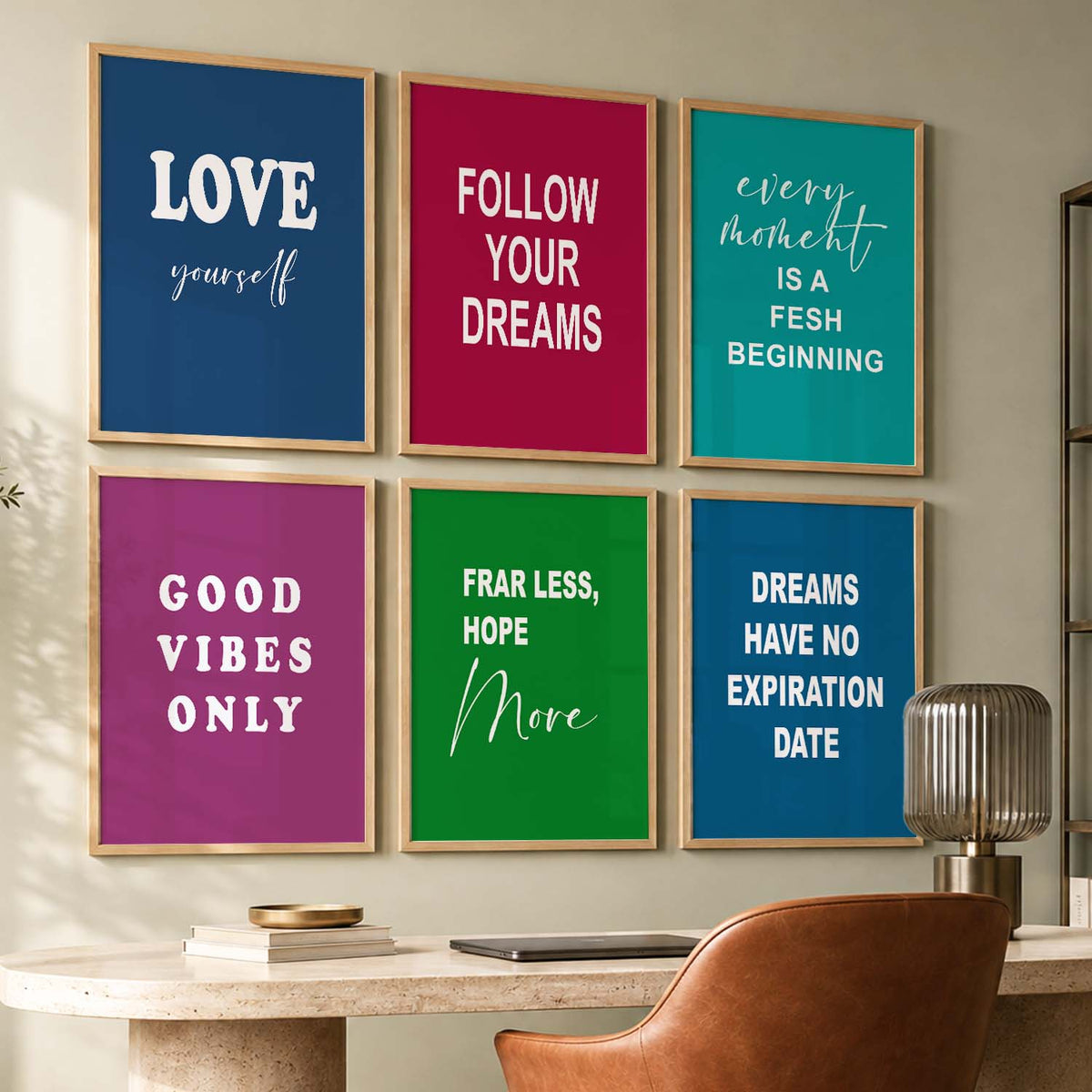 Color Block Motivational Quotes Wall Art Set of 6 Framed Prints for Living Room