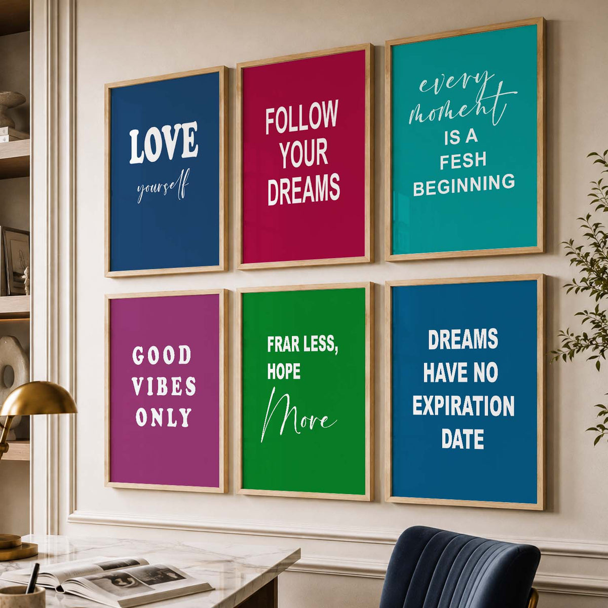 Color Block Motivational Quotes Wall Art Set of 6 Framed Prints for Living Room
