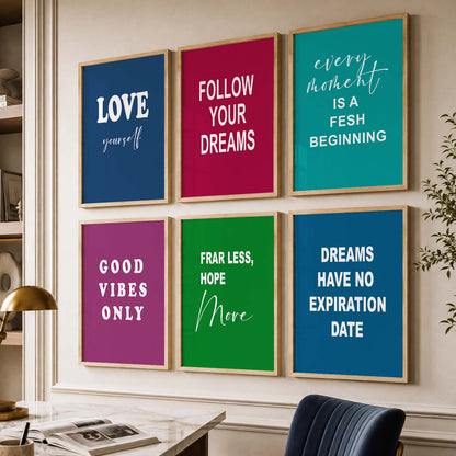 Color Block Motivational Quotes Wall Art Set of 6 Framed Prints for Living Room