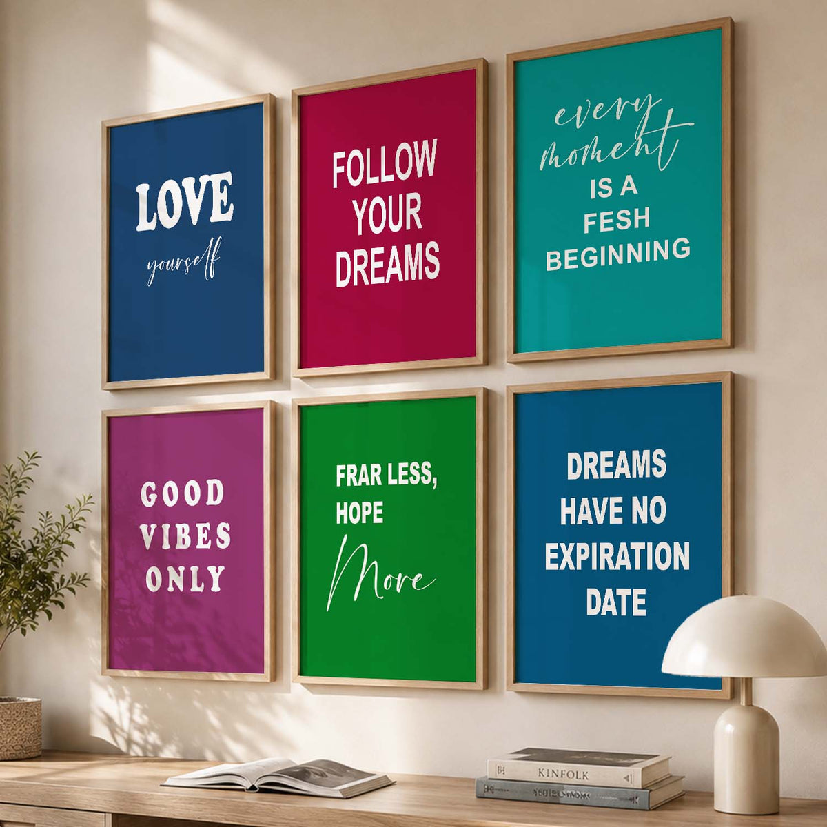 Color Block Motivational Quotes Wall Art Set of 6 Framed Prints for Living Room