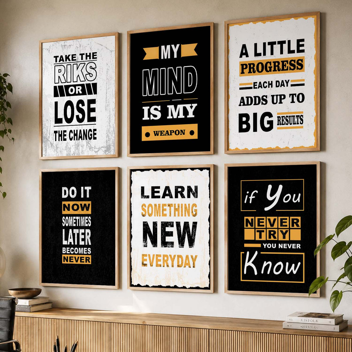 Modern Typography Motivational Quotes Wall Art Set of 6 Framed Prints for Kids Room