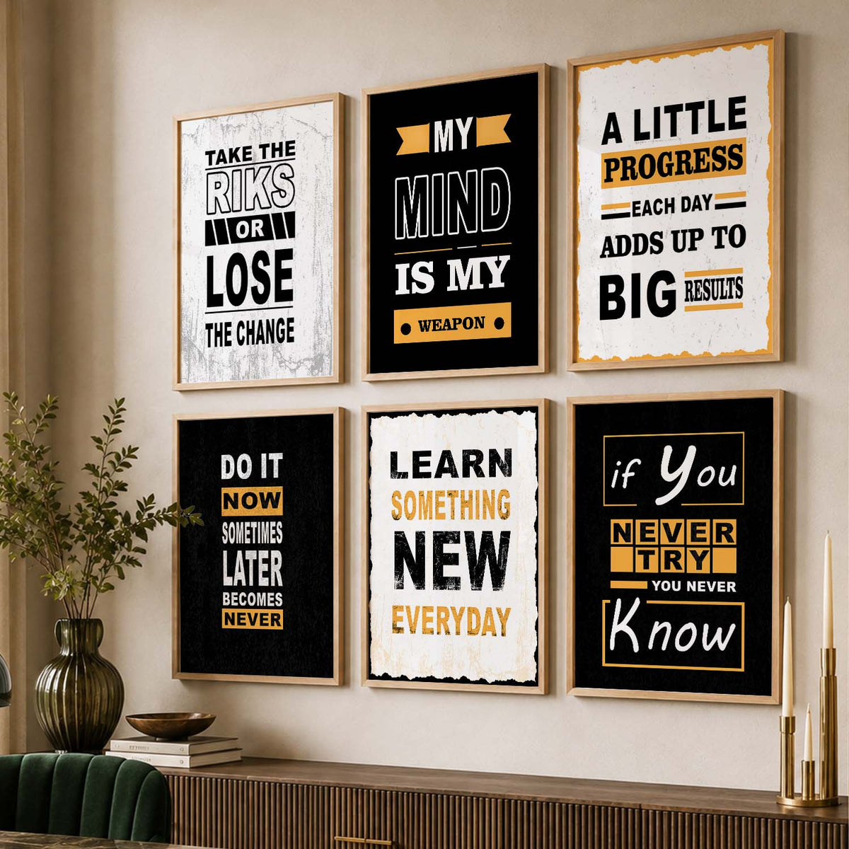 Modern Typography Motivational Quotes Wall Art Set of 6 Framed Prints for Kids Room