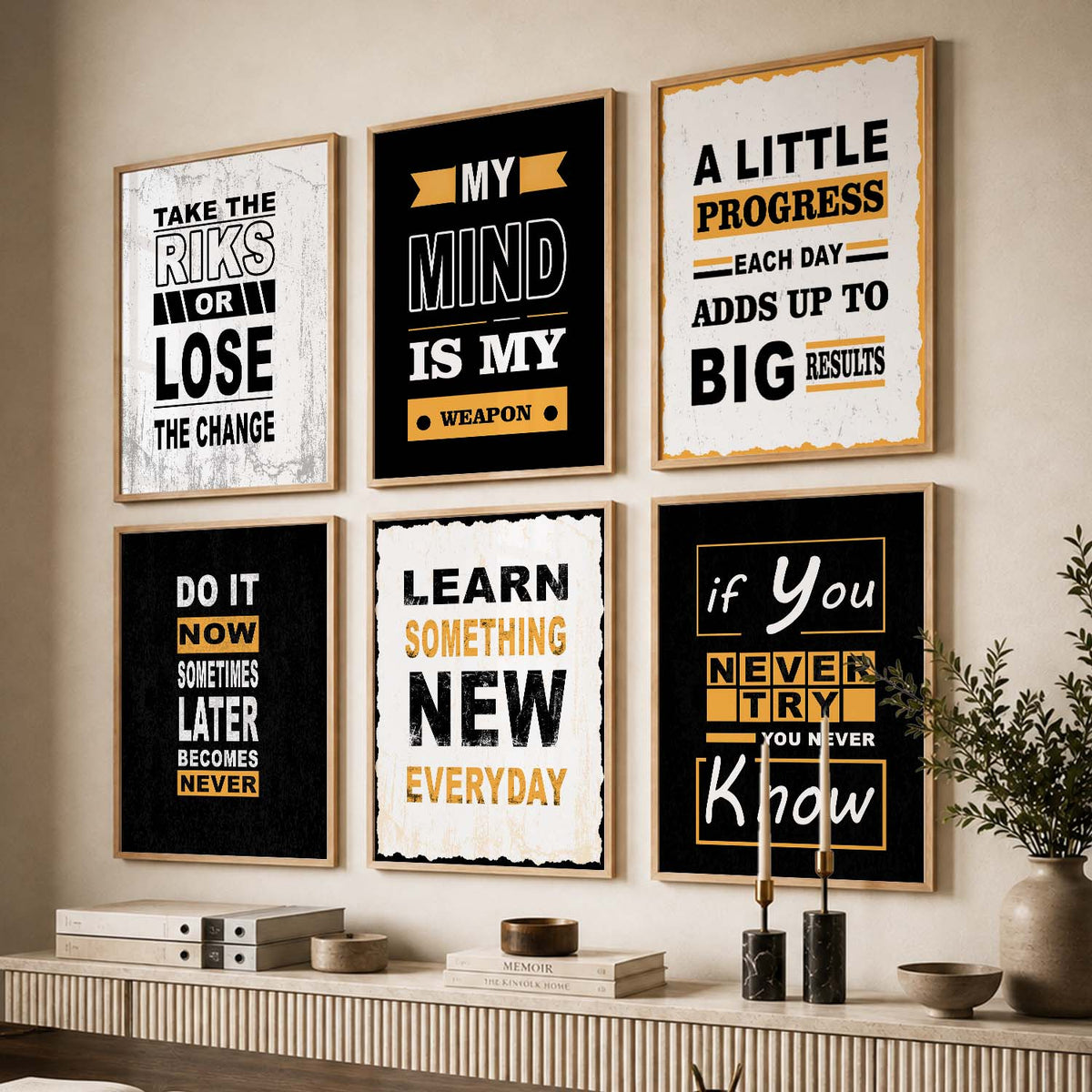 Modern Typography Motivational Quotes Wall Art Set of 6 Framed Prints for Kids Room